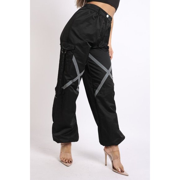 Women's Windbreaker Jogger Pants With Reflective Detail Zipper Cargo Pocket Comf - Picture 4 of 8